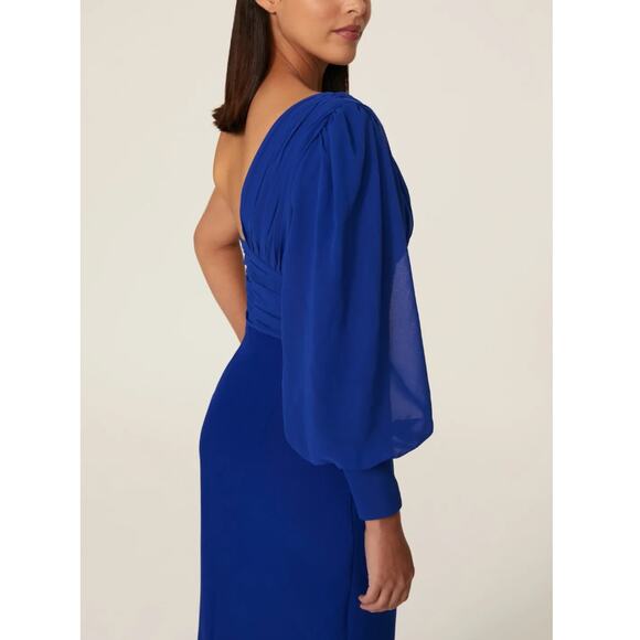 Elle Zeitoune Blue One Shoulder Structured Gown LARGE Formal Slit Designer $410 - Picture 4 of 12